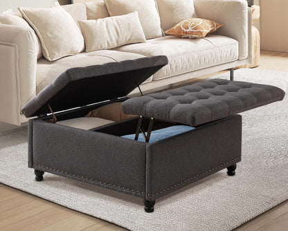 Magic Union 35" Large Square Storage Ottoman, Oversized Square Ottoman with Storage, Tufted Upholstered Ottoman Coffee Table with Lift Top for Living Room (Beige)
