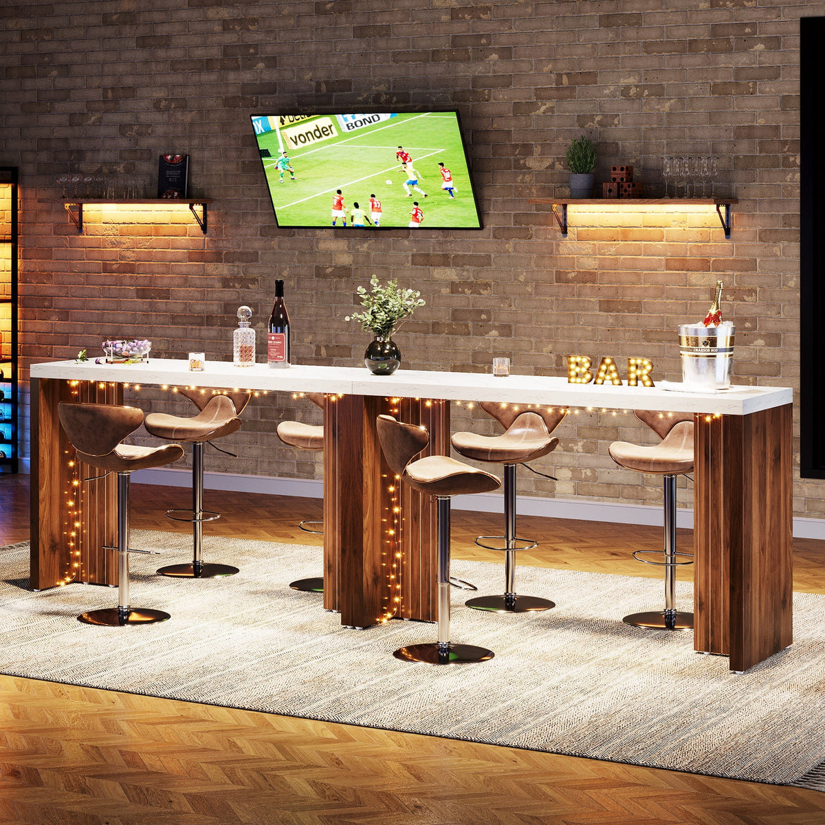 Tribesigns 55.12-Inch Bar Table, Home Bar Unit with a Faux Marble Finished Tabletop, Modern Freestanding Mini Bar for Home Kitchen, Living Room, Balcony, Basement, Walnut & White