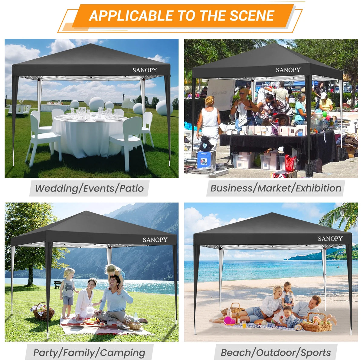 SANOPY 10'x10' EZ Pop Up Canopy Tent Outdoor Party Instant Shelter Portable Folding Beach Canopy with 4 Sandbag & Carrying Bag, Black