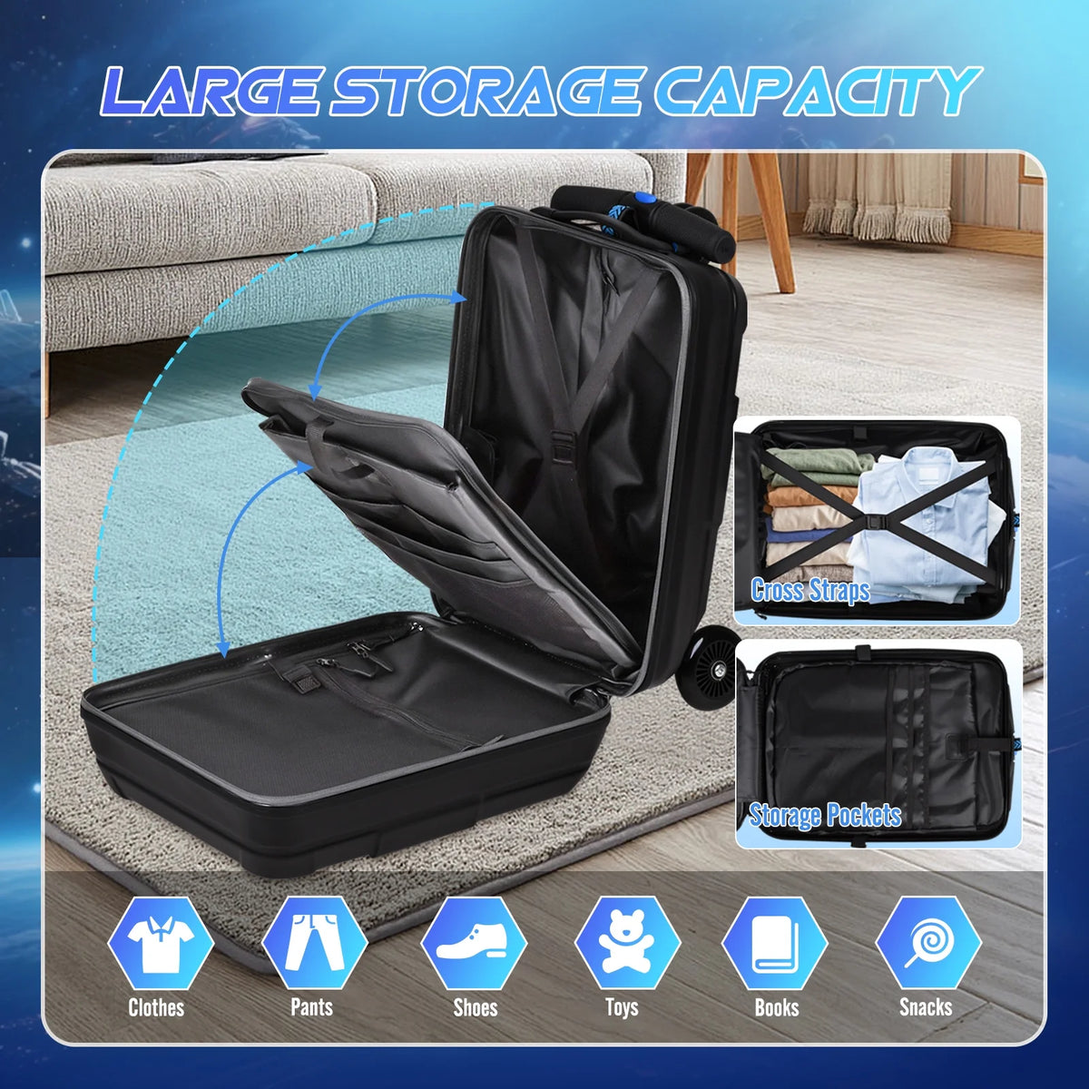 Advwin Ride-On Scooter Suitcase with LED Light-up Wheels, Hardshell Lightweight Foldable Rideable Luggage for Kids & Adults, Silver