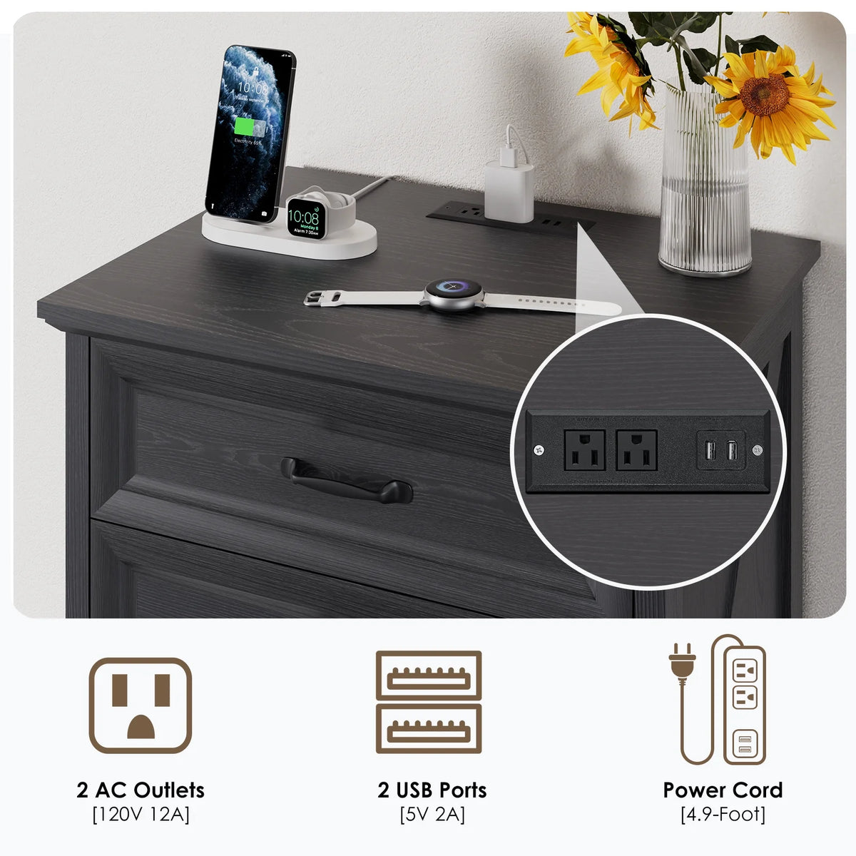 Hommpa Farmhouse 3 Drawers Nightstand with Charging Station, Rustic Wood Night Stand with Drawers for Bedroom, Vintage Bedside Table Small Dresser Chest of Drawers for Living Room, White