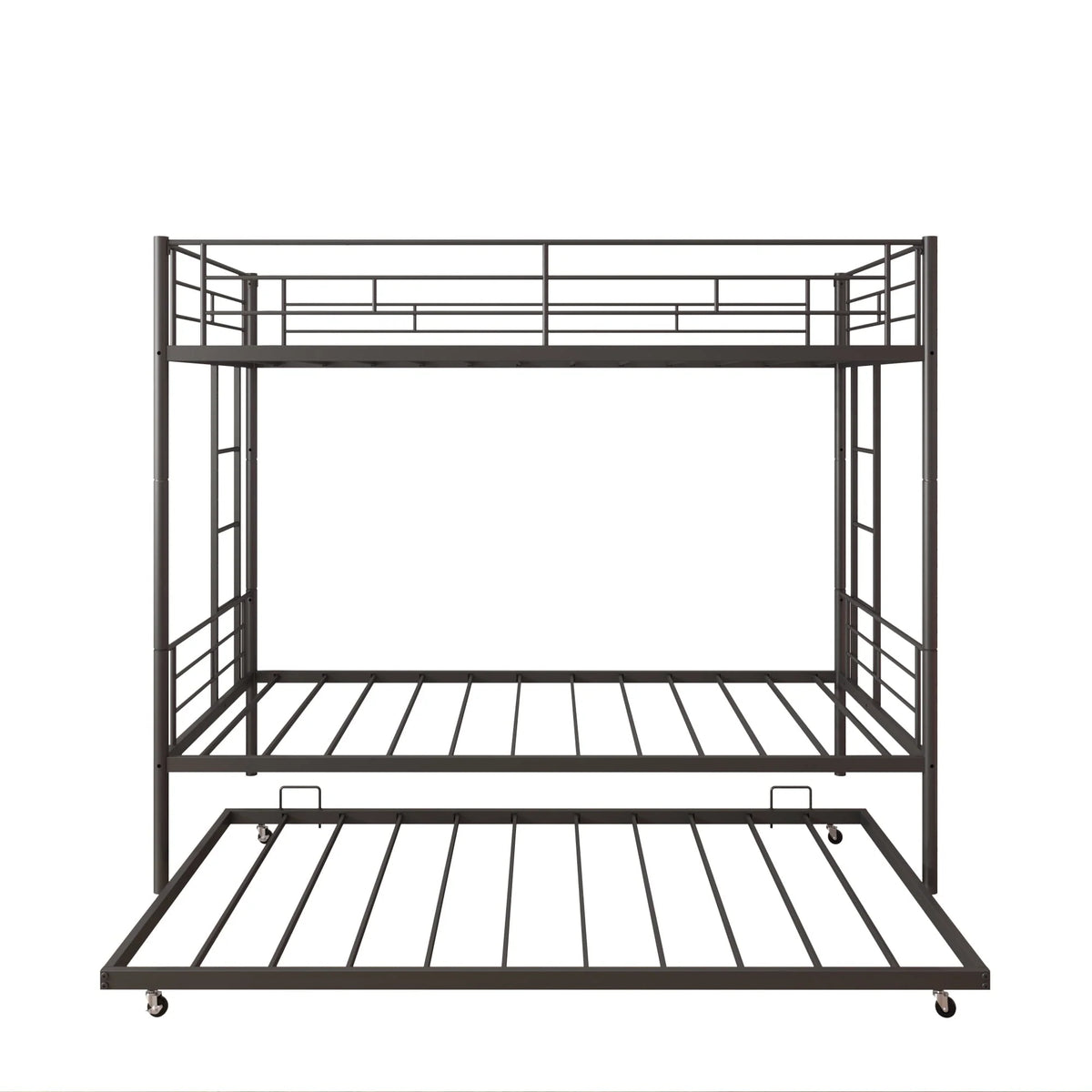 Seizeen Bunk Bed Twin Over Twin Size, Metal Triple Bunk Bed with Trundle, Black Heavy Duty Bunk Bed Frame Per Bed Up to 400LBS, 2 Side Ladders and All-round Safety Guard Rails