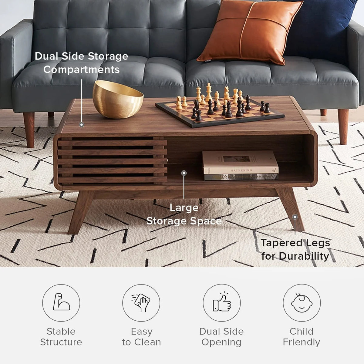 Mopio Ensley Coffee Table Mid-Century Modern Low Profile Dual Side with Sleek Rounded Finishing