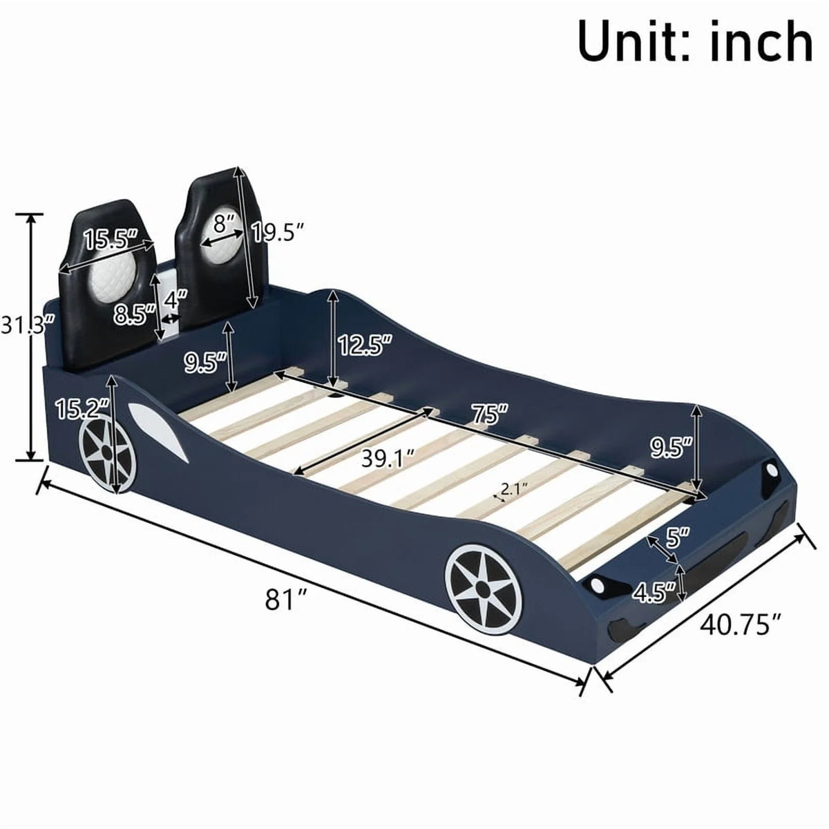 Bellemave Race Car Bed with LED Lights, Twin Size Bed Frame for Boys Kids Toddler Bed, Wooden Platform Racing Car Bed with Upholstered Backrest Headboard, No Box Spring Needed（White)