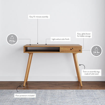 Nathan James Parker Modern Home Office Desk in Walnut Wood with Open Storage Cubby and Small Drawer, Walnut