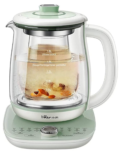 Bear Electric Kettle with Infuser & Stew Pot - 1.8L Health Pot, 16 Menus, Glass Kettle, Tea Maker, 120V, Green