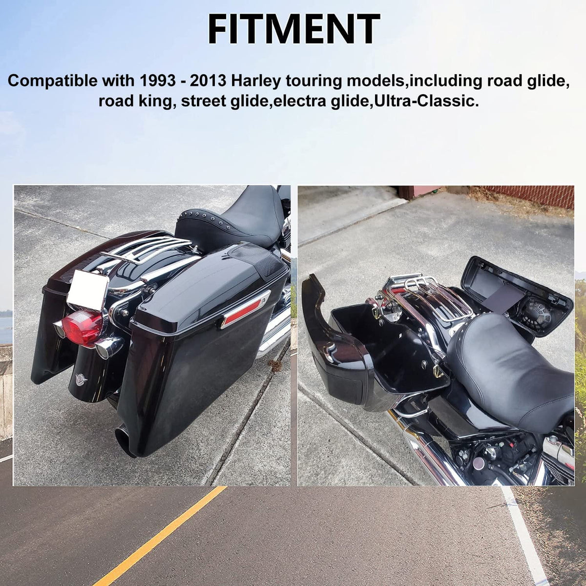 Kojem Hard Saddle Bags for 1993 - 2013 Harley Road King Glide Vivid Black Lockable Saddlebags