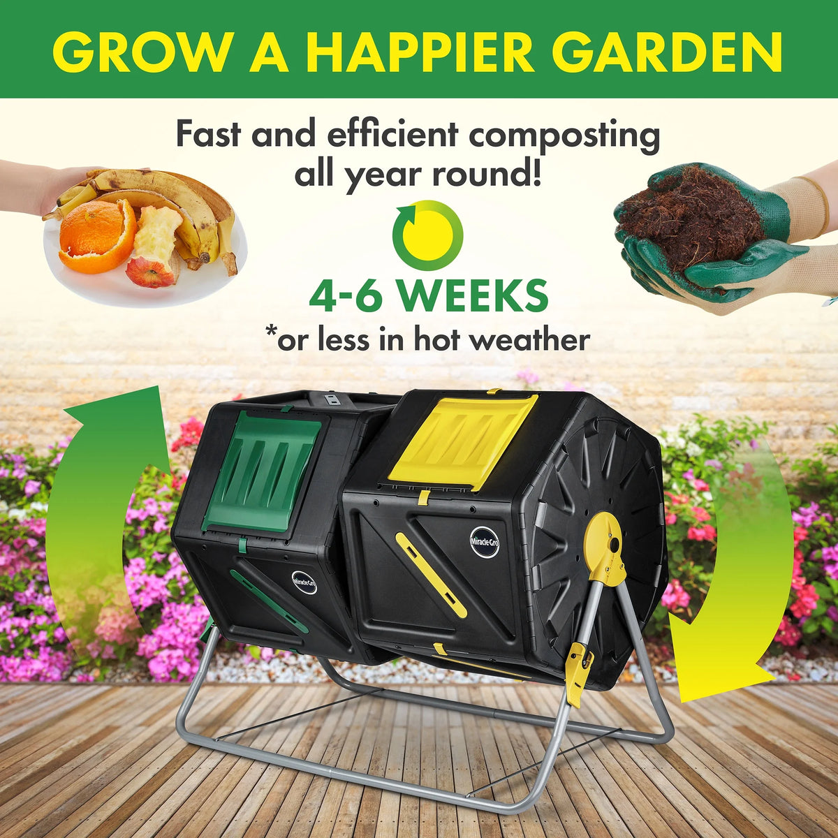 Miracle-Gro Large Dual Chamber Compost Tumbler Easy-Turn, Fast-Working System - All-Season, Heavy-Duty, High Volume Composter with 2 Sliding Doors - Gardening Gloves Included
