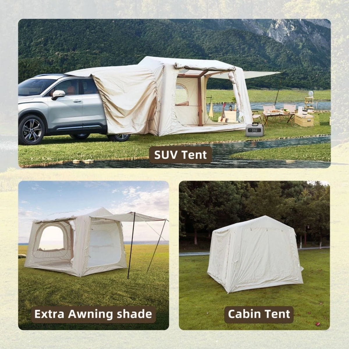 Beige 4-6 Person Inflatable Camping Tent (4-Season – 2-in-1 SUV/Tailgate+Standalone, 5min Setup, Waterproof Oxford, Mesh Windows)