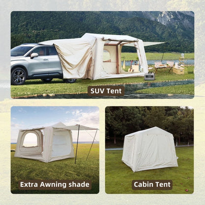 Beige 4-6 Person Inflatable Camping Tent (4-Season – 2-in-1 SUV/Tailgate+Standalone, 5min Setup, Waterproof Oxford, Mesh Windows)