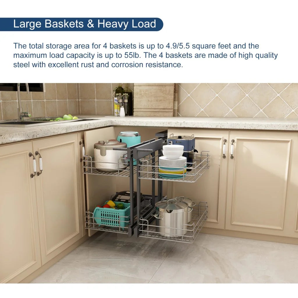 VADANIA Blind Corner Pull Out Cabinet Organizer for 32" Cabinet, Soft Close, Min Opening 14", 2-tier