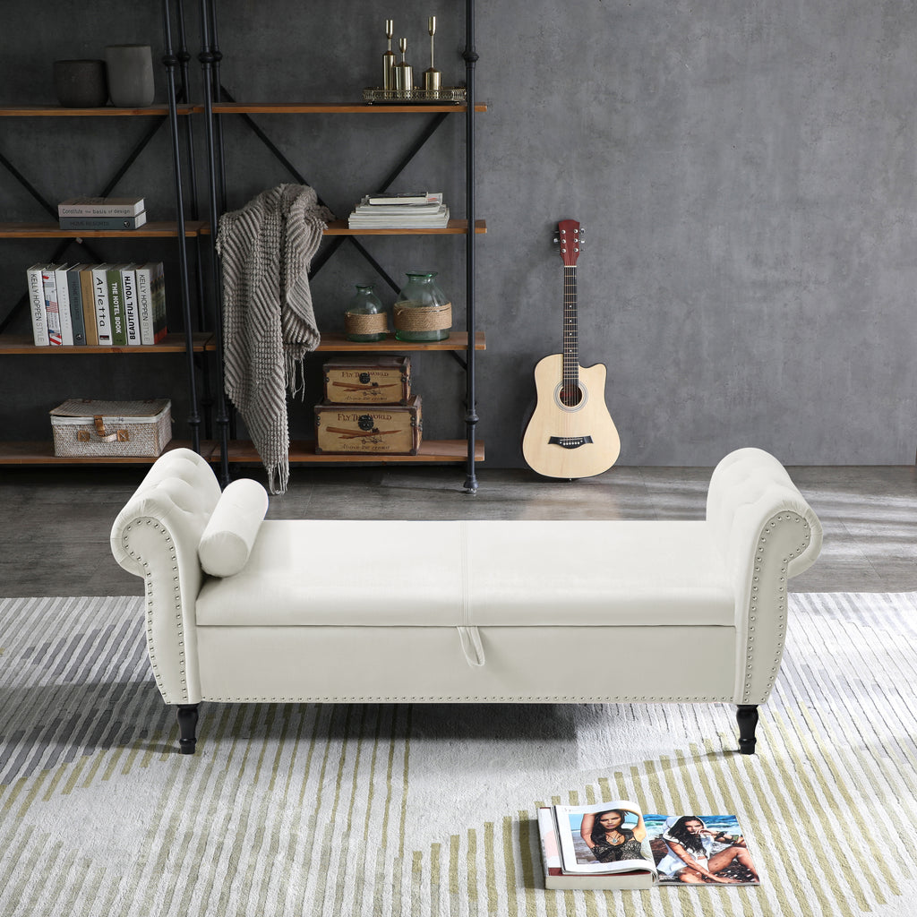 Sumdeal 43.5" Storage Ottoman Bench with 250lb Seating, Linen Upholstered Wood Legs Safety Hinge Flip Top Oval Foot Rest Long Stool for Sofa Couch Bedroom End of Bed Living Room Entryway, White