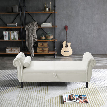 Sumdeal 43.5" Storage Ottoman Bench with 250lb Seating, Linen Upholstered Wood Legs Safety Hinge Flip Top Oval Foot Rest Long Stool for Sofa Couch Bedroom End of Bed Living Room Entryway, White