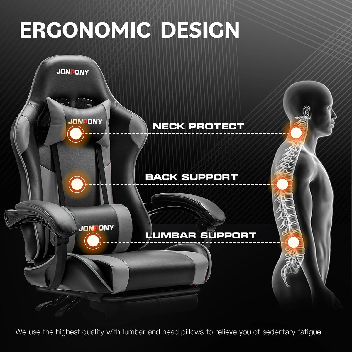 JONPONY Big and Tall Gaming Chair, Ergonomic Design, Gamer Chair PU Leather with Footrest and Lumbar Support, High Back Office Chair Support 8 Hours Long Sitting, Computer Chair,Black Grey