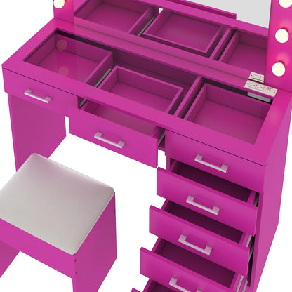 Ktaxon Large Makeup Vanity, Vanity Table Set w/ Visible Glass Top w/ Charging Station, White