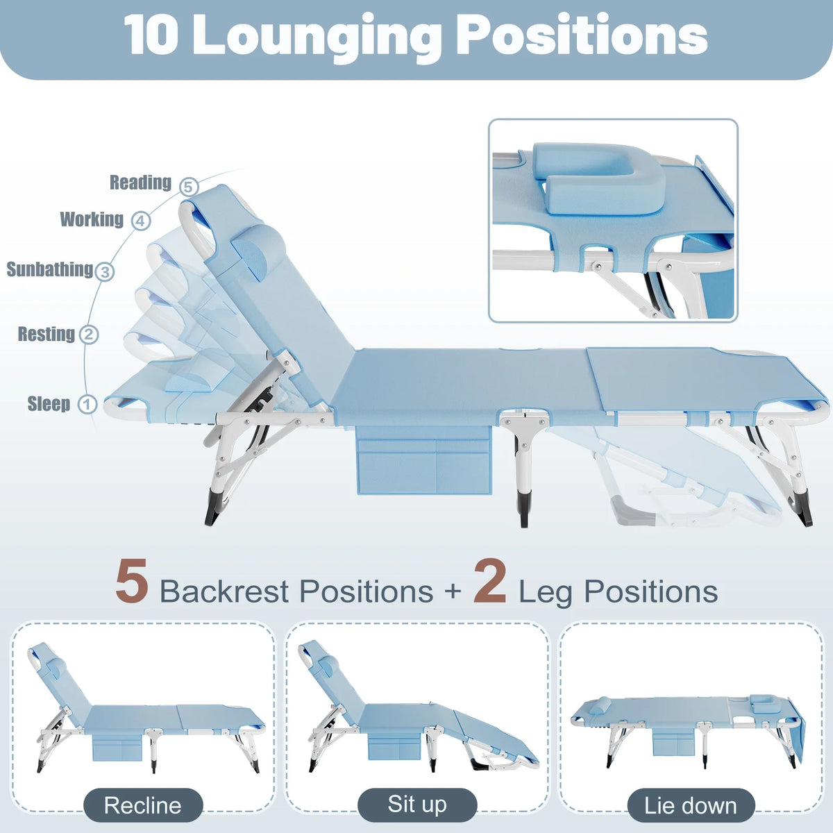 MOPHOTO Lounge Chair with Mattress, Outdoor Chaise Lounge Support 440 Lbs, Adjustable Portable Heavy Duty Sleeping Cots Bed for Camping, Pool, Beach, Patio