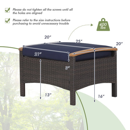 Costway Set of 2 Patio Rattan Ottoman Footrest Cushions Wooden Handle Beige
