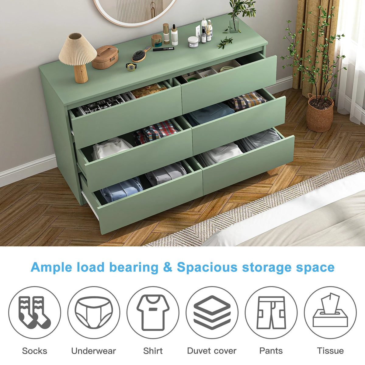 Resenkos Modern Mid Century 6 Drawer Wide Dressers Chests for Bedroom, Chest of Drawer Organizer Grey