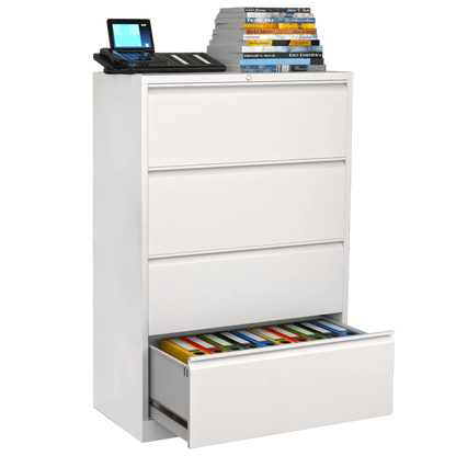 Supeer Four Drawer Metal Lateral File Cabinet, Storage White File Cabinet with Large Deep Drawers, Locking Wide File Cabinet for School, Office, Home,  Assembly Required