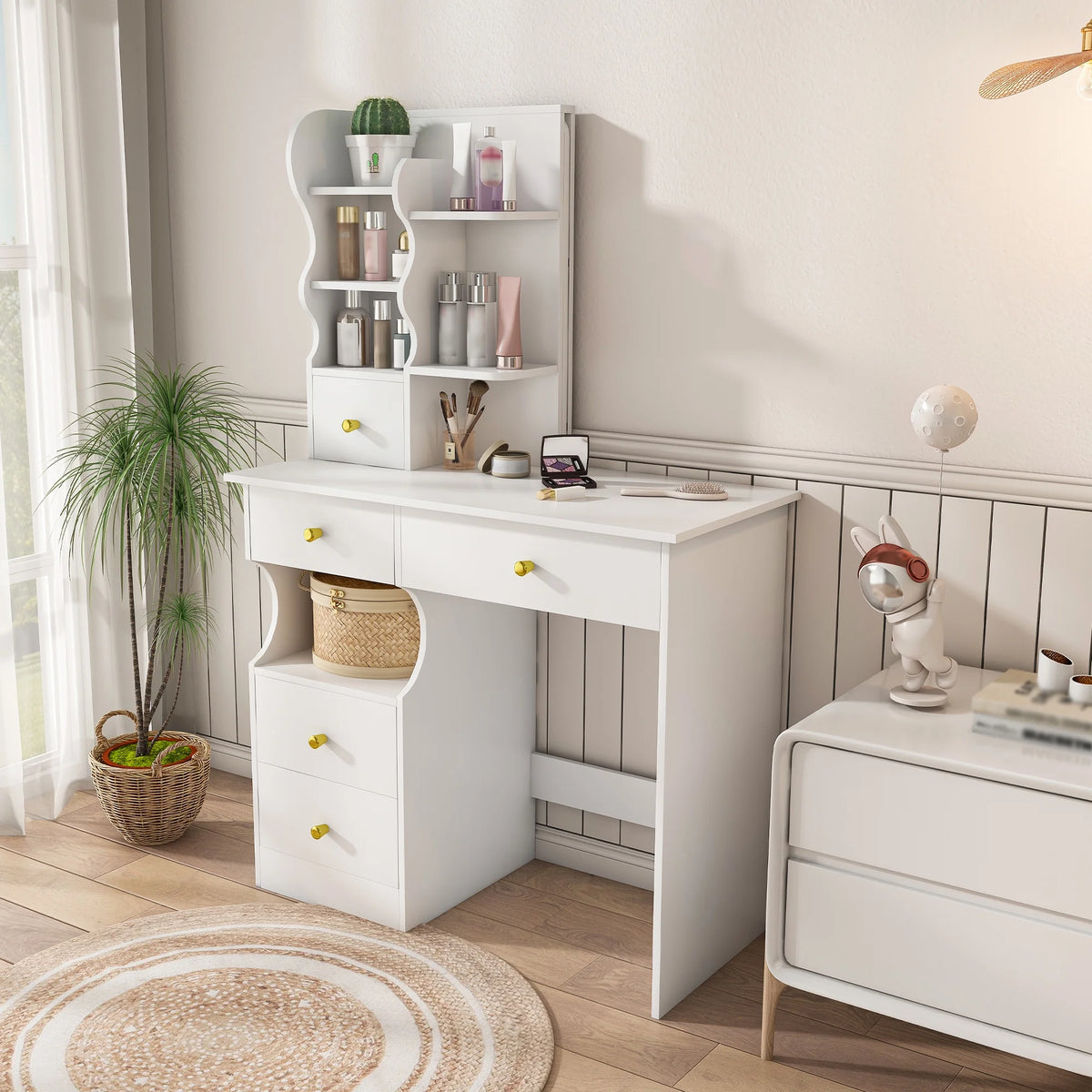 Montary Modern Mini Vanity w/Adjustable LED Mirror + Hidden Storage, Padded Stool & Dustproof Shelves (White)