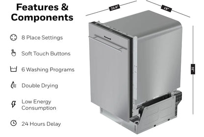 Honeywell 18 inch Dishwasher with 8 Place Settings, 6 Washing Programs, Stainless Steel Tub