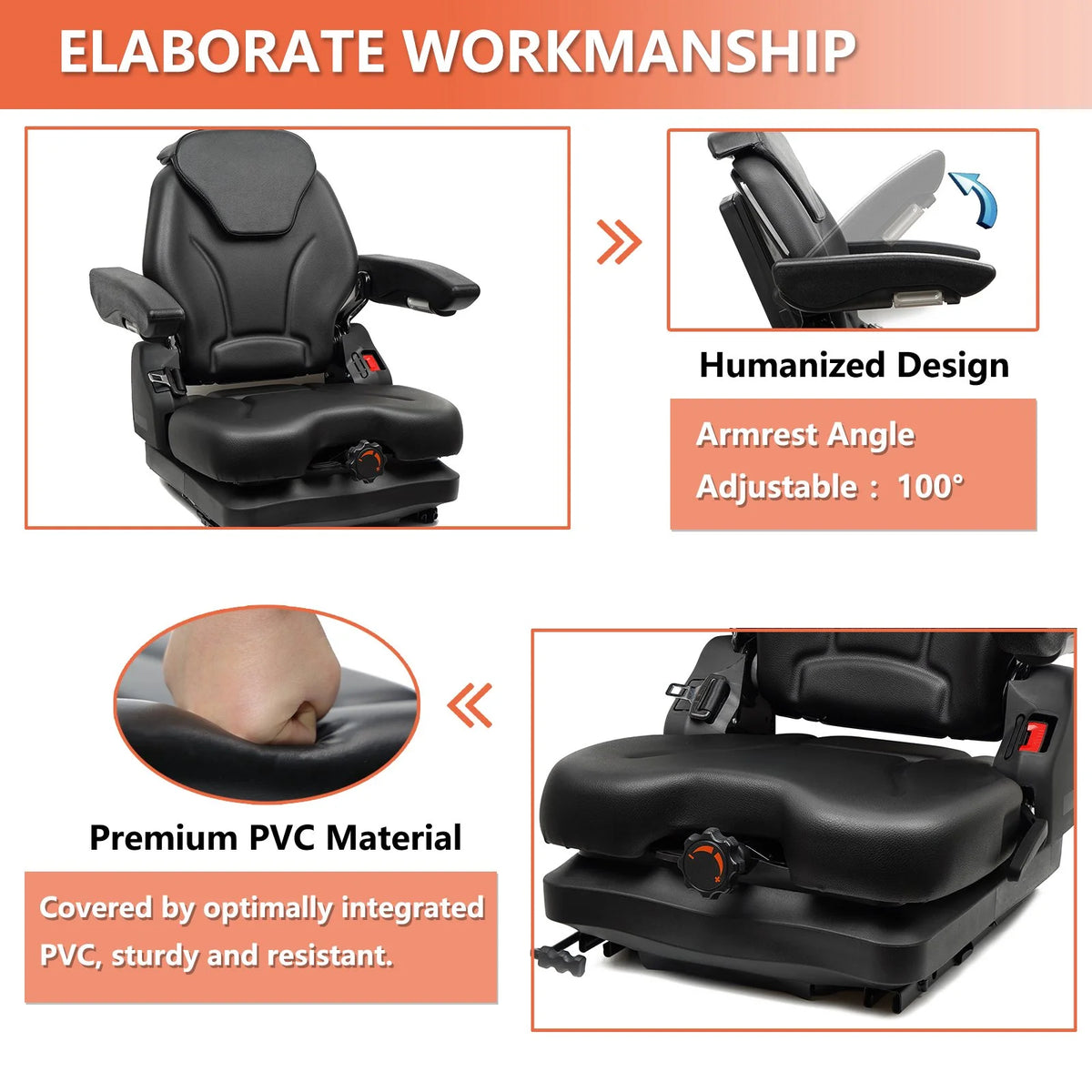 TICSEA Highback Bad Boy Tractor Mower Seat, Adjustable Backrest Headrest and Slide Rails Forklift seat, Adjustable Armrests Shock Absorber Heavy Duty for Excavator Harvester