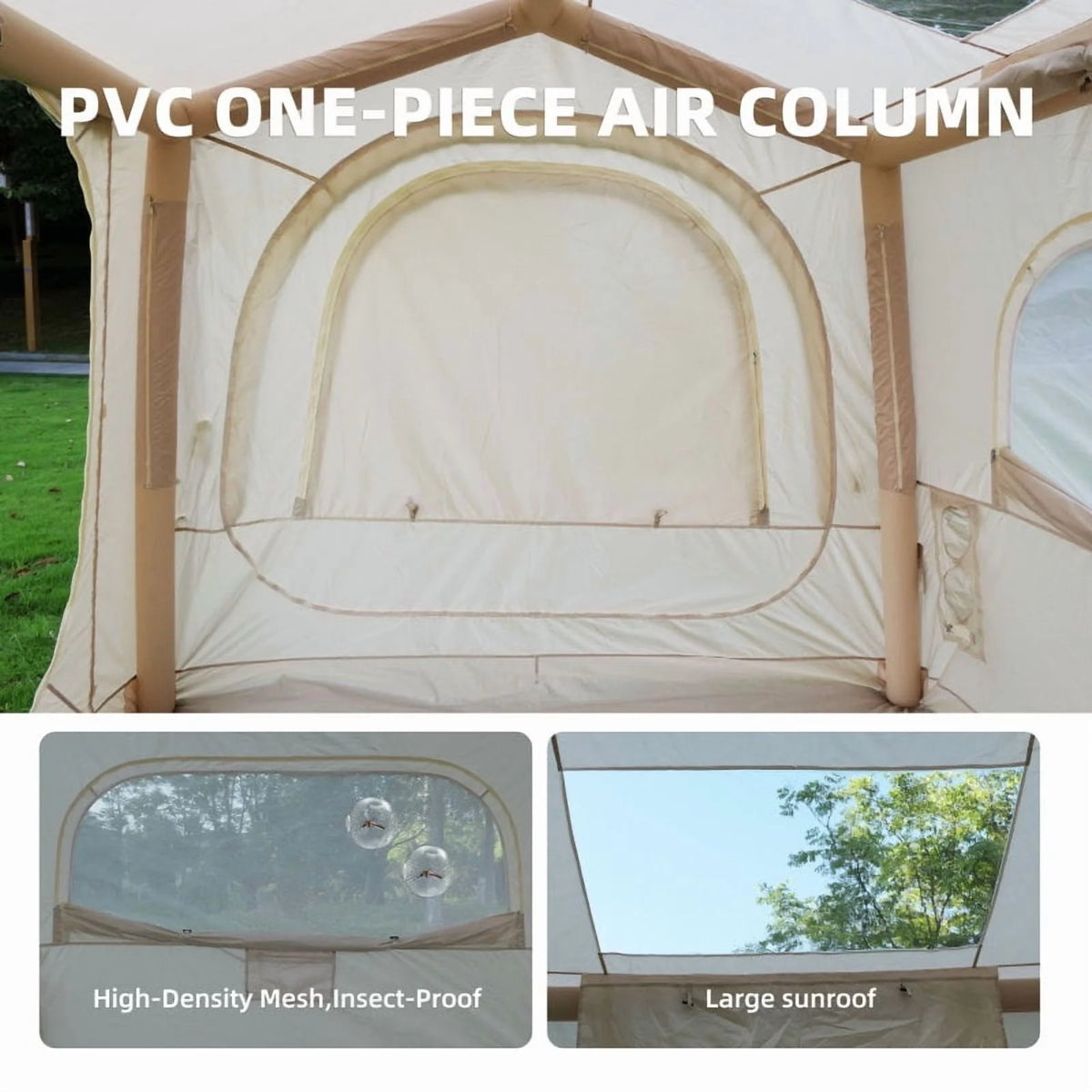 Beige 4-6 Person Inflatable Camping Tent (4-Season – 2-in-1 SUV/Tailgate+Standalone, 5min Setup, Waterproof Oxford, Mesh Windows)