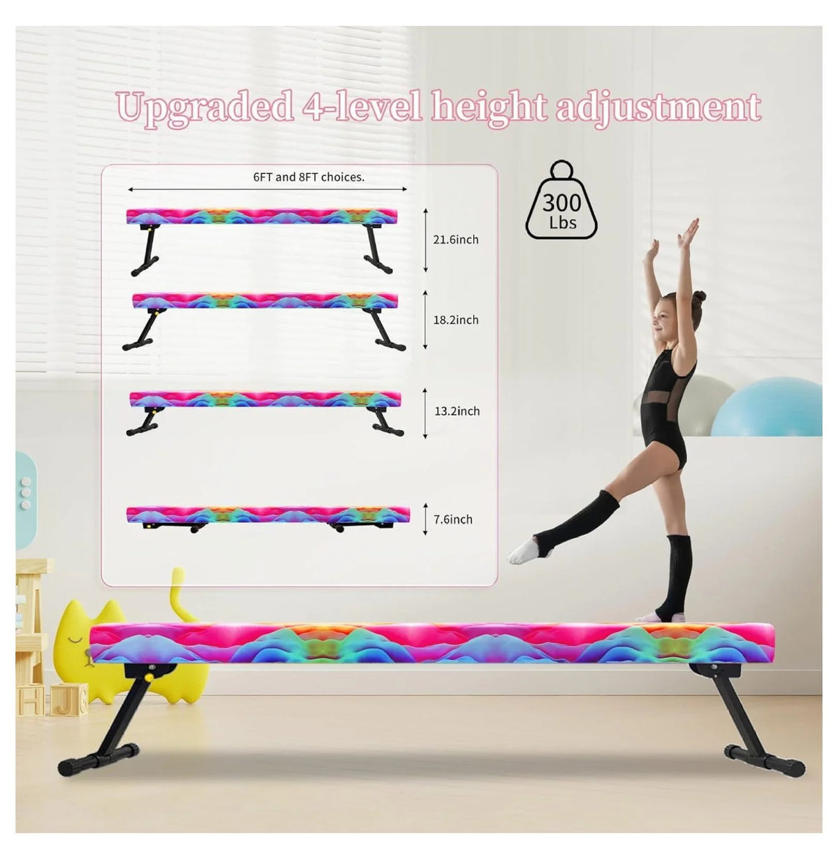 8FT Adjustable&Foldable Gymnastics Balance Beam,Home Gym Equipment,Easy Assembling and Storage,No Tool Require,for Kids Children Girls Training