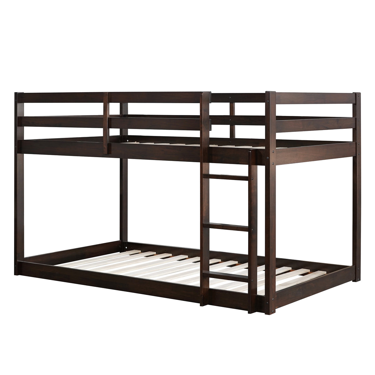 Twin Over Twin Floor Bunk Bed, UHOMEPRO Solid Wood Low Bunk Bed with Safety Rail, Ladder, Heavy Duty Bunk Beds, Space-Saving Bedroom Dorm Furniture, Gray