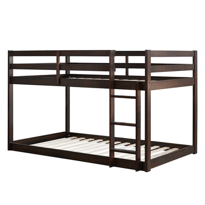 Twin Over Twin Floor Bunk Bed, UHOMEPRO Solid Wood Low Bunk Bed with Safety Rail, Ladder, Heavy Duty Bunk Beds, Space-Saving Bedroom Dorm Furniture, Gray
