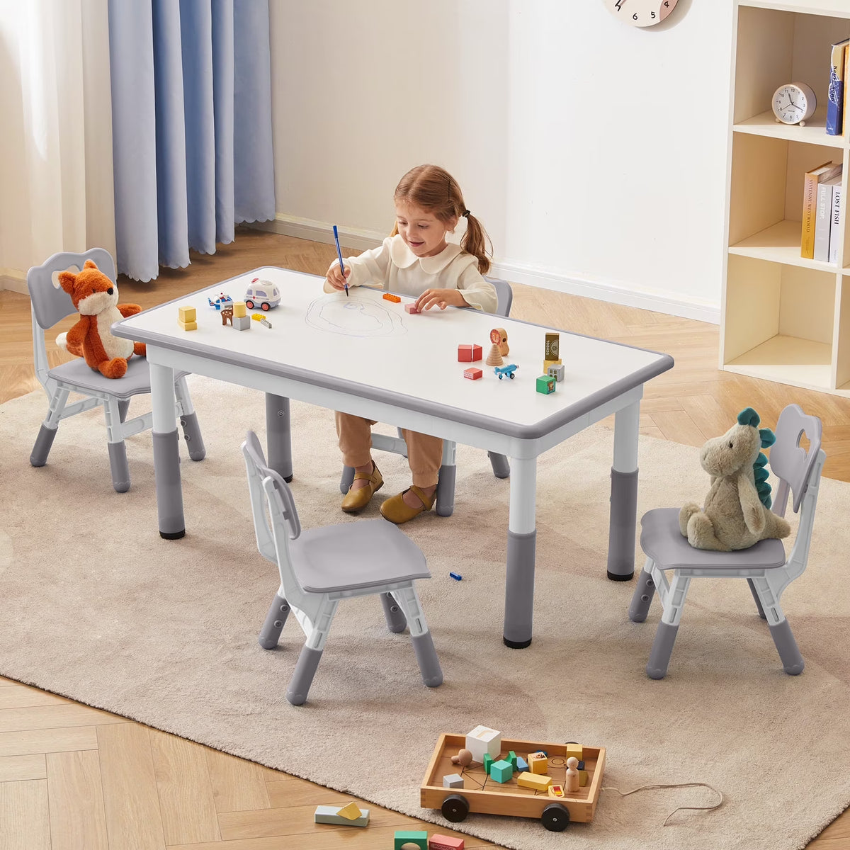 Toddler Table and Chairs Set for 4, 47.2''L x 23.6''W Kids Study Table and Chair Set, Height-Adjustable, Graffiti Desktop, Children Activity Table for Daycare, Classroom, Home