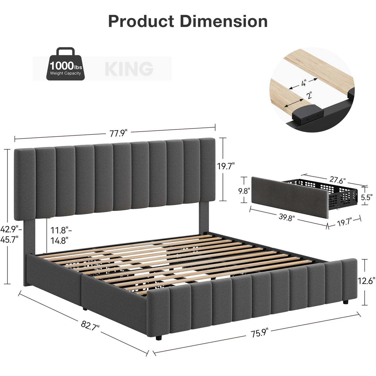 Full Size Bed Frame with 4 Storage Drawers and Adjustable Headboard, Linen Upholstered Platform Bed Frame with Wooden Slats Support, No Box Spring Needed, Dark Grey