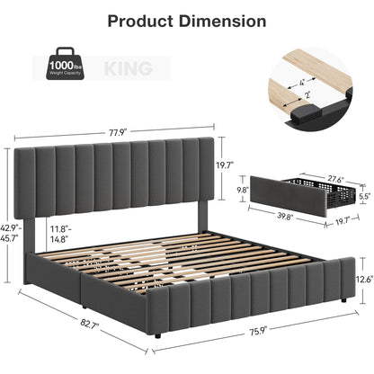 Full Size Bed Frame with 4 Storage Drawers and Adjustable Headboard, Linen Upholstered Platform Bed Frame with Wooden Slats Support, No Box Spring Needed, Dark Grey