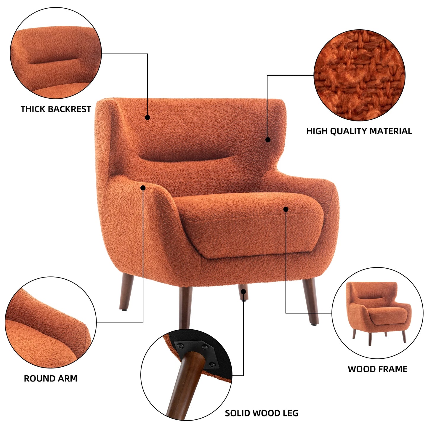 ALEAVIC White Accent Chair Upholstered Armchair with Solid Wood Legs