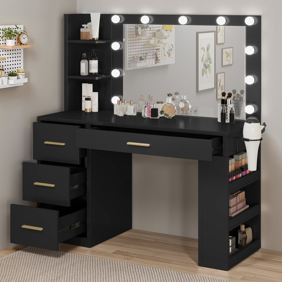 Uforic Makeup Vanity Desk with Mirror & Lights, Vanity Desk with 4 Drawers & Storage Shelves - White