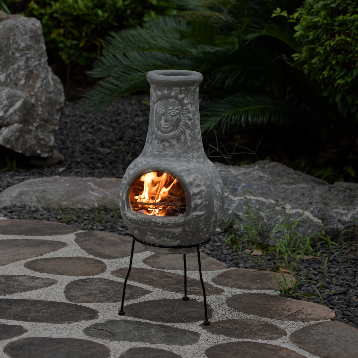 Vintiquewise QI004631.TC Outdoor Clay Chiminea Fireplace Sun Design Wood Burning Fire Pit with Sturdy Metal Stand, Barbecue, Cocktail Party, Cozy Nights Fire Pit, Terra Cotta
