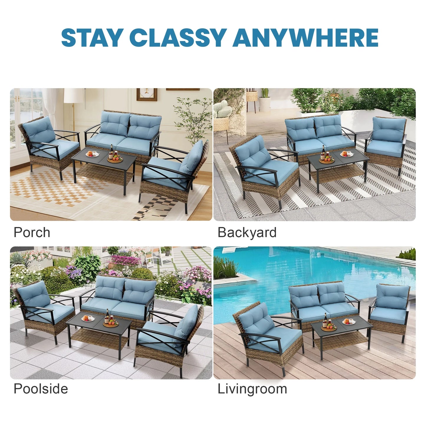 Heavy-duty Patio Furniture Set, 4 Piece Outdoor Sectional Conversation Sets, BrownPE Rattan Patio Sofa Set with Blue Cushions