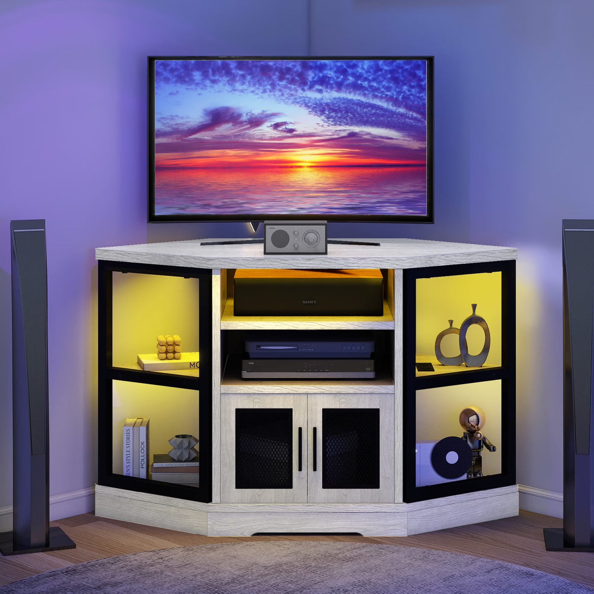 Dextrus Farmhouse Corner TV Stand for TVs up to 55 inch with Power Outlet, Wood Entertainment Center, TV Media Console with Storage, White Oak