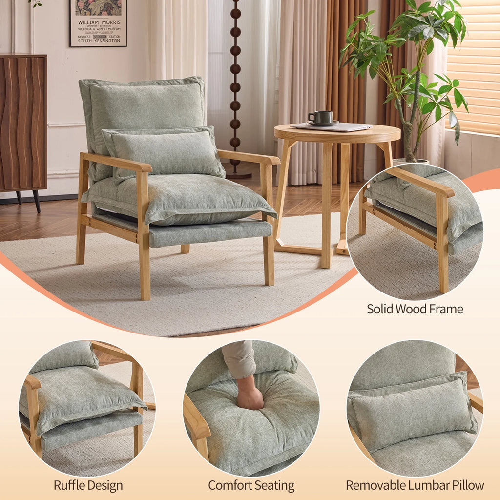 Ktaxon Chenille Accent Chair, Solid Wood Armrests Armchair, Metal Frame for Stability, Single Sofa with Comfortable Cushions and Lumbar Pillow Beige
