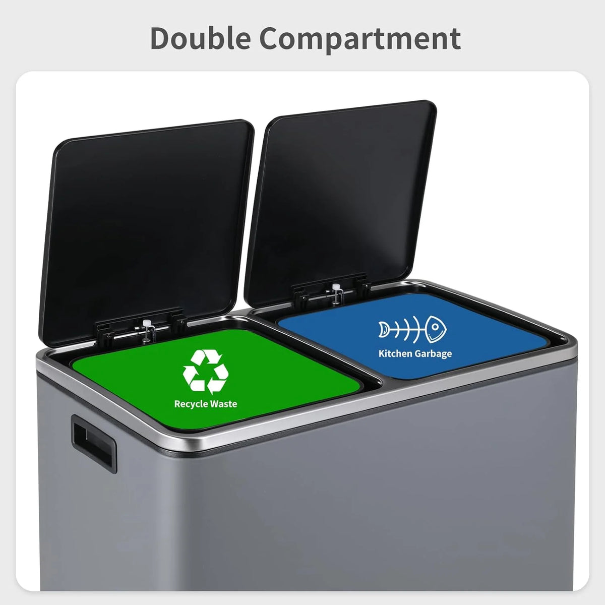 Arlopu 60 L/16 gal Dual Trash Can, Stainless Steel Garbage Can for Kitchen, Recycle Bin with Lid