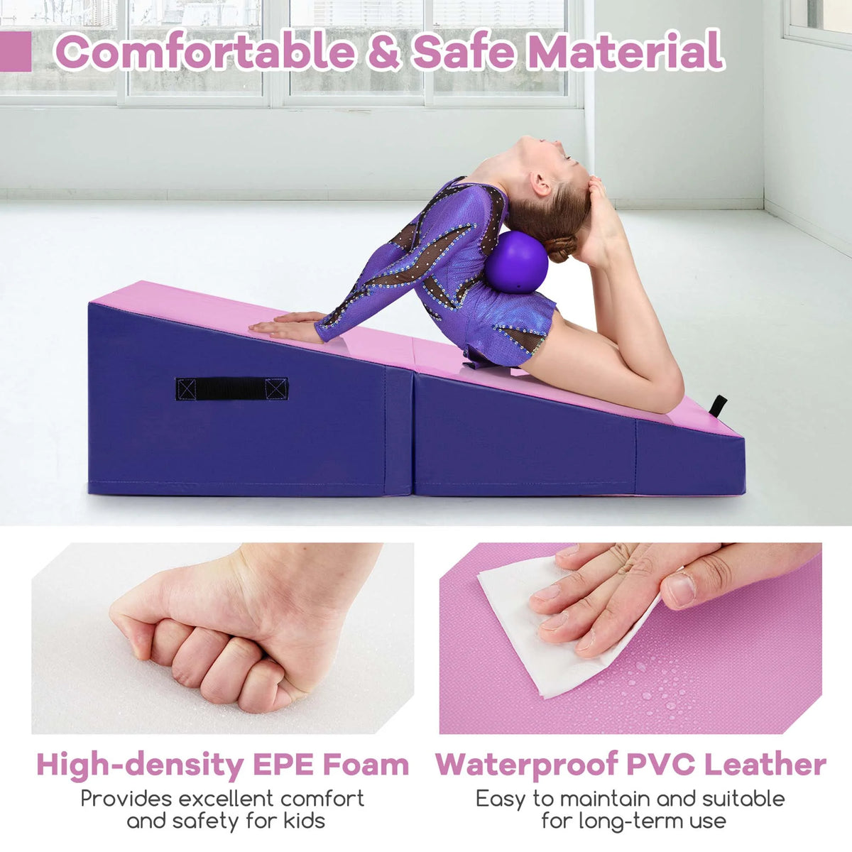 Costway Gymnastics Tumbling Mat Folding Incline Yoga Mat with Non-slip PVC Leather Pink