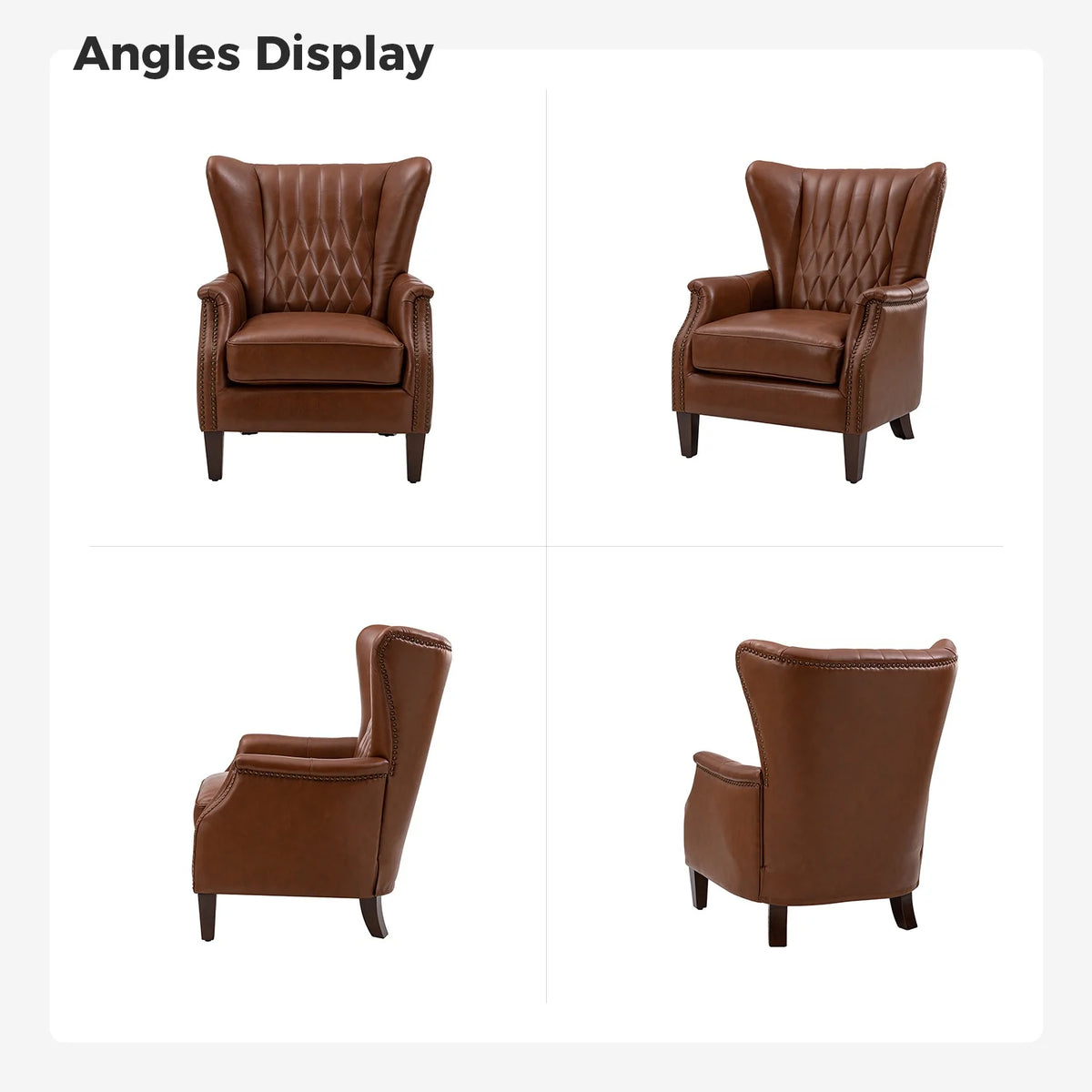 Traditional Genuine Leather Accent Chair with Nailhead Trim Tufted Armchair for Living Room Camel