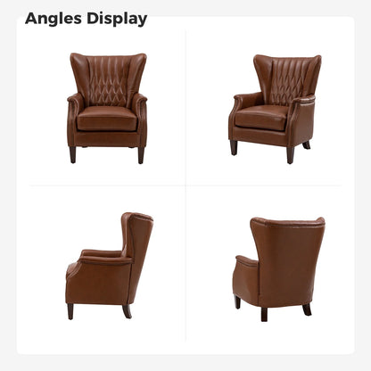 Traditional Genuine Leather Accent Chair with Nailhead Trim Tufted Armchair for Living Room Camel