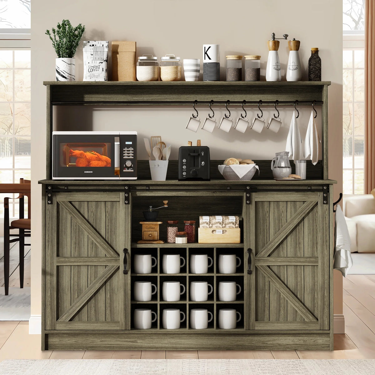 DreamCurship 55" Farmhouse Coffee Bar Cabinet, Buffet Sideboard Storage Cabinet, Wine Bar Cabinet with Wine Rack, White