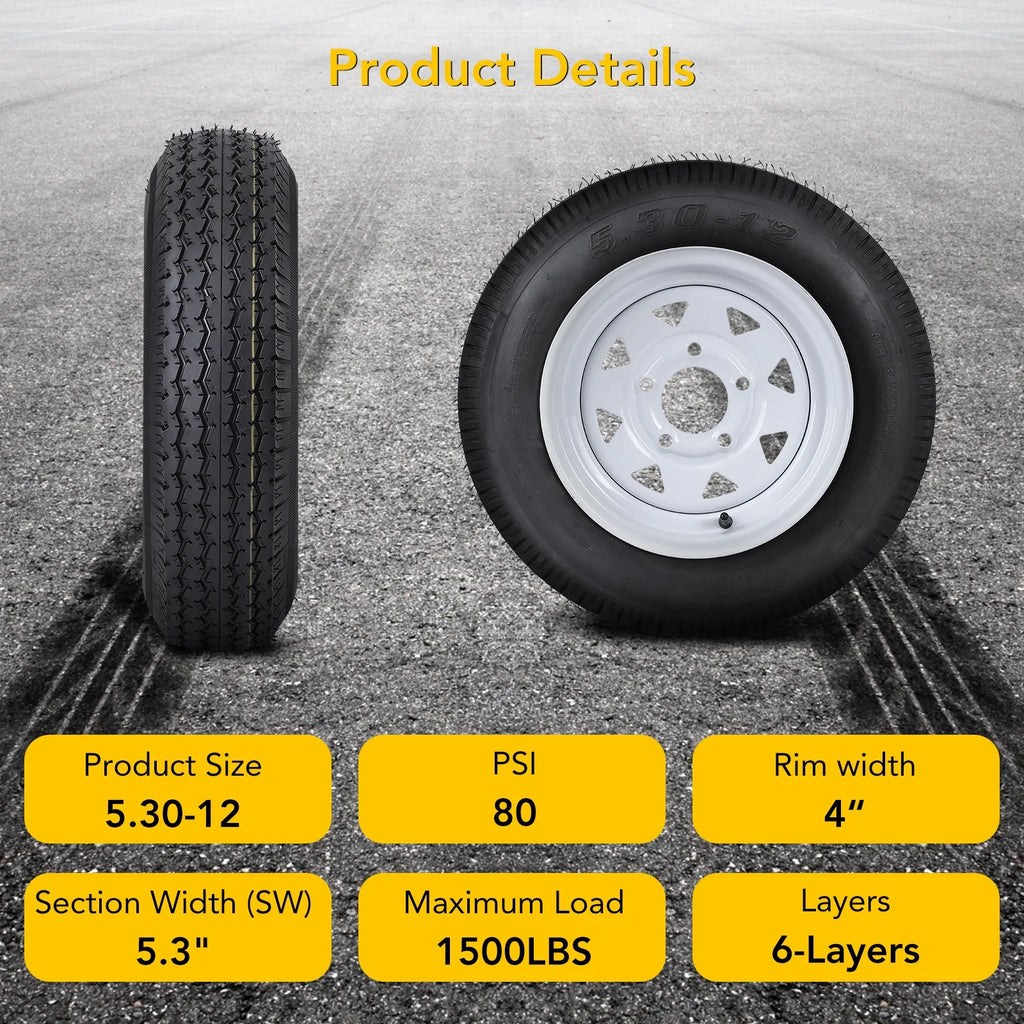 Set of 2 5.30-12 5.30x12 530-12 5.30-12 Trailer Tires with 12" Rims, 5 Lug on 4.5", Load Range C, 6PR