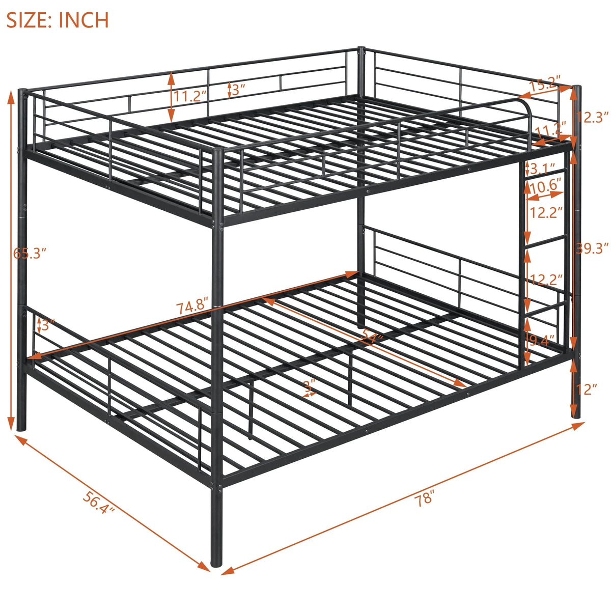 Full over Full Bunk Beds, BTMWAY Metal Bunk Beds Full Over Full Size, Full Size Convertible Bunk Beds for Kids Teens Adults, with Ladder and Safety Guardrails, Load-Bearing 350lbs, Noise-Free, Black