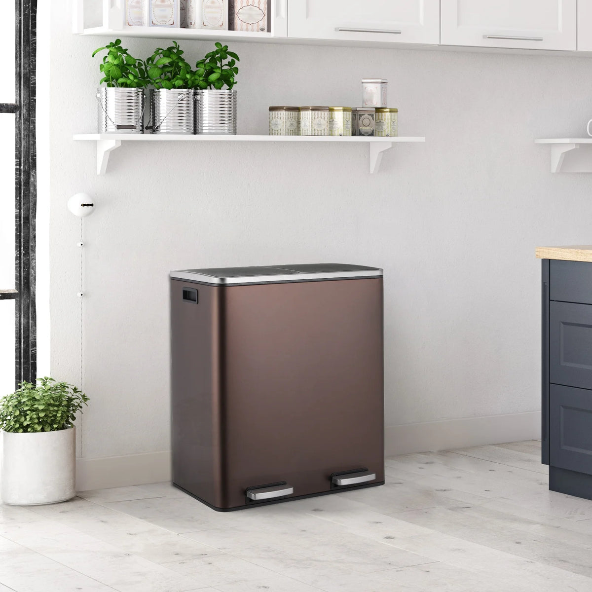 LAZY BUDDY Dual Garbage Can, Stainless Steel 16 Gallon Step Kitchen Trash Can with Soft-Close Lid, Double Compartment Garbage Recycling Bin