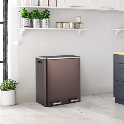 LAZY BUDDY Dual Garbage Can, Stainless Steel 16 Gallon Step Kitchen Trash Can with Soft-Close Lid, Double Compartment Garbage Recycling Bin