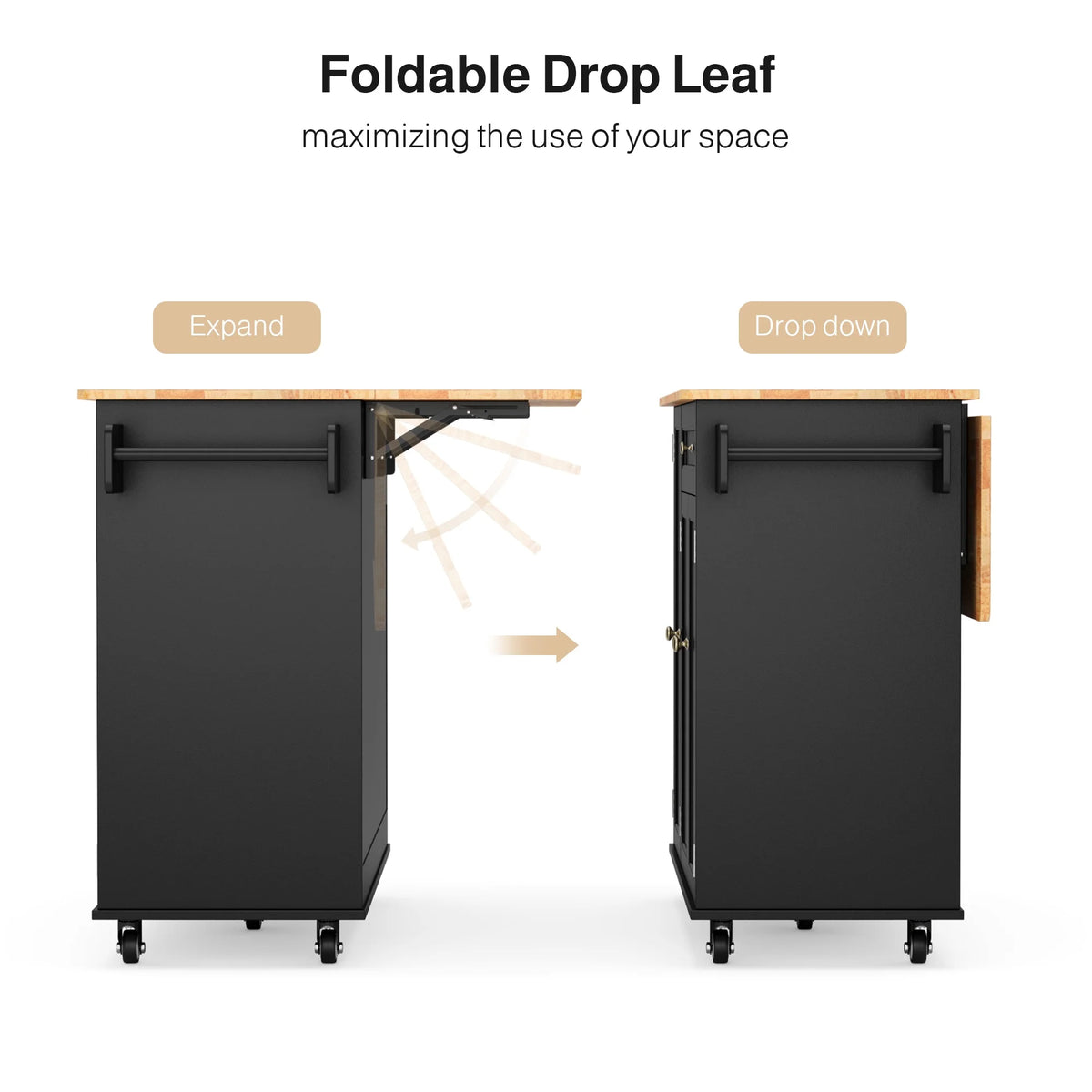 Noelse Kitchen Island with Storage, Island Table for Kitchen with Drop Leaf, Spice Rack, Towel Bar for Small Kitchens, White