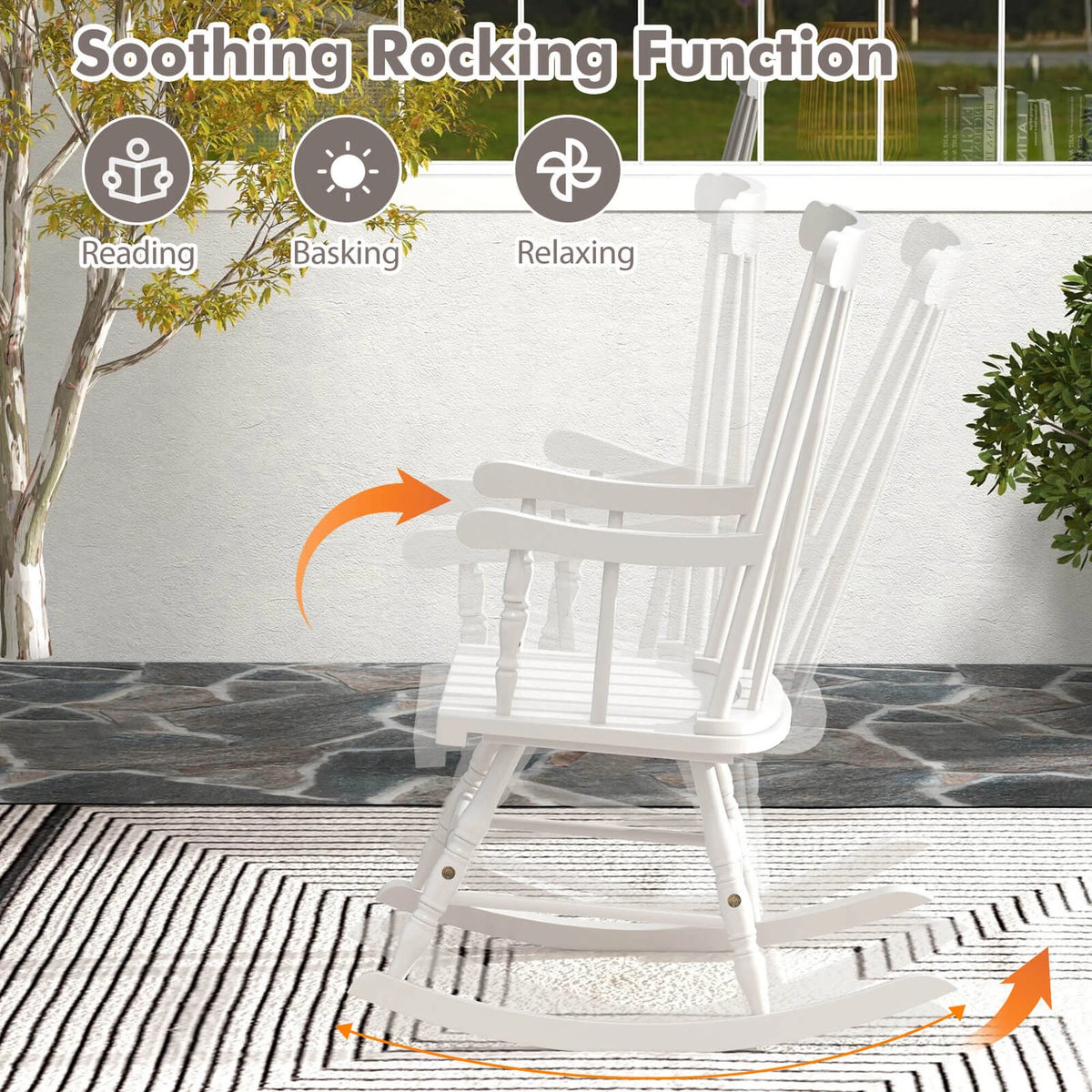 Costway Solid Wood Rocking Chair Porch Rocker Indoor Outdoor Seat Glossy Finish White
